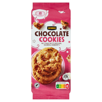 Jumbo Chocolate Cookies met Witte Chocolade, Rozijnen & Cranberry's 8 Stuks