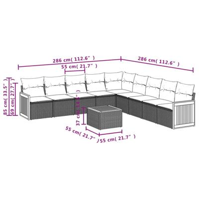 10-delige Loungeset met kussens poly rattan zwart - thumbnail