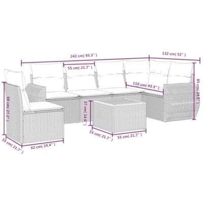 7-delige Loungeset met kussens poly rattan zwart