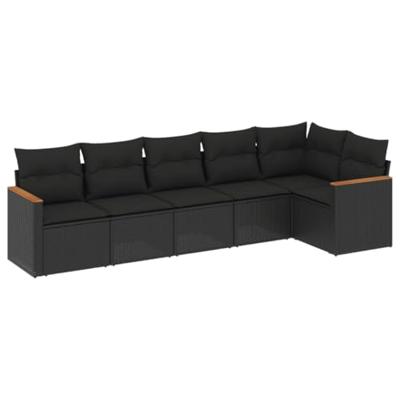 6-delige Loungeset met kussens poly rattan zwart