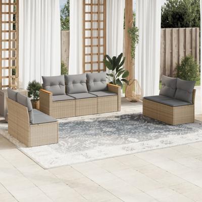 7-delige Loungeset met kussens poly rattan gemengd beige