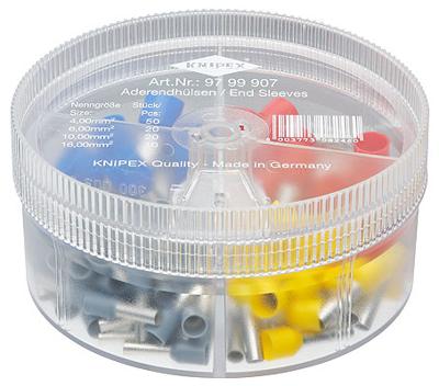 Knipex 97 99 907 Assortiment adereindhulzen 4 mm², 6 mm², 10 mm², 16 mm² Deels geïsoleerd Grijs, Geel, Rood, Blauw 100 stuk(s) Knipex 97 99 907 Assortiment adereindhulzen 4 mm², 6 mm², 10 mm², 16 mm² Deels geïsoleerd Grijs, Geel, Rood, Blauw 100 stuk(s)