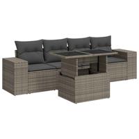 5-delige Loungeset met kussens poly rattan grijs - thumbnail
