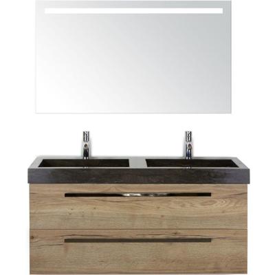 Seville Badmeubelset 120 cm - 2 Laden Natuur Eiken - Wastafel Lucca Dubbel met Sence Spiegel