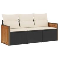 3-delige Loungeset met kussens poly rattan zwart - thumbnail