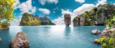 Schilderij - Uitzicht Thailand, blauw/groen, 2 maten , premium print, print op canvas