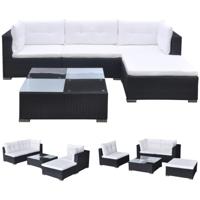 5-delige Loungeset met kussens poly rattan zwart - thumbnail