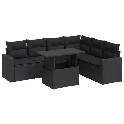 7-delige Loungeset met kussens poly rattan zwart
