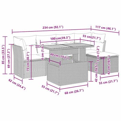 6-delige Loungeset met kussens poly rattan zwart - thumbnail