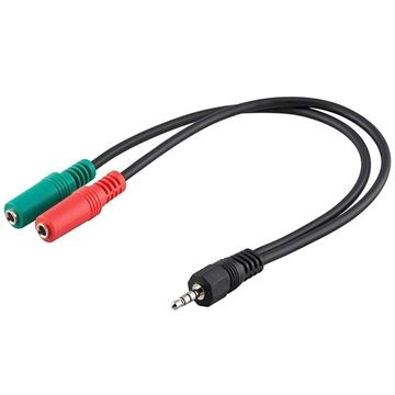 Goobay 50467 Adapter voor hoofdtelefoon, 1 x 3,5 mm AUX 4-polig naar 2 x 3,5 mm AUX 3-polig, zwart, 0,3 m kabellengte