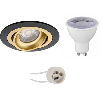 GU10 Inbouwspot Set - Mat Zwart/Goud - Inbouw Rond - Dimbaar - Kantelbaar - Pragmi Alpin Pro - 6W - Warm Wit 3000K - Ø92mm