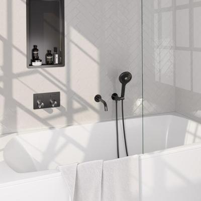 Brauer Stripe thermostatische inbouw badkraan met drukknoppen SET 04 met uitloop en 3-standen handdouche en doucheslang en wandaansluitbocht gunmetal geborsteld PVD