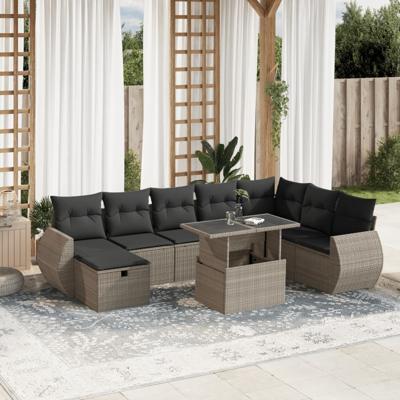 9-delige Loungeset met kussens poly rattan lichtgrijs