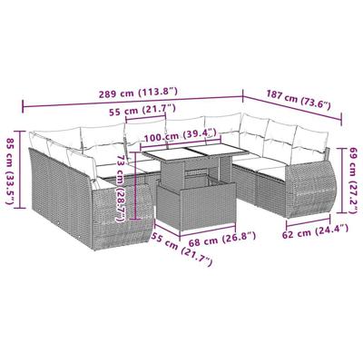 10-delige Loungeset met kussens poly rattan zwart - thumbnail