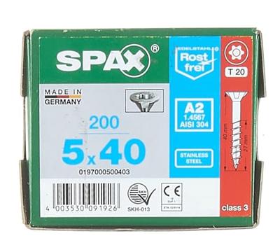 200 Spax schroeven 5x40mm RVS A2 deeldraad T20