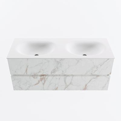 MONDIAZ VICA 120cm badmeubel onderkast Carrara 2 lades. Wastafel MOON dubbel zonder kraangat, kleur Talc.