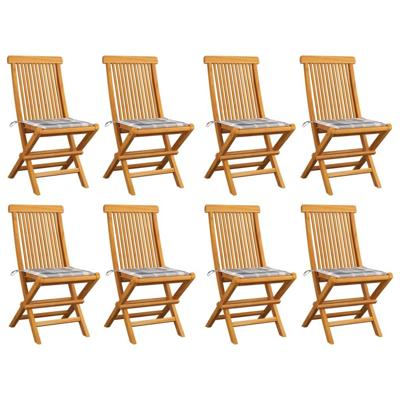 Tuinstoelen 8 st met grijs geruite kussens massief teakhout