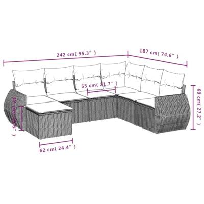 7-delige Loungeset met kussens poly rattan zwart