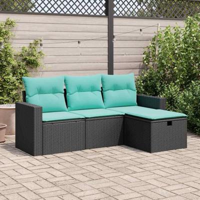 4-delige Loungeset met kussens poly rattan zwart