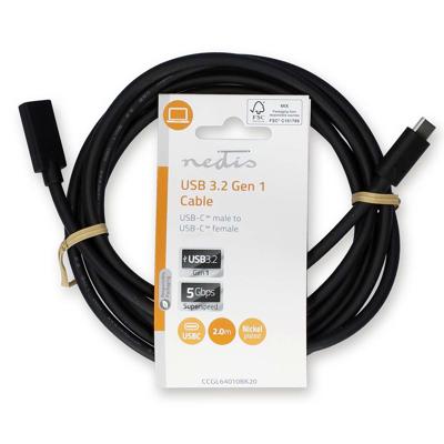 Nedis USB-Kabel | USB 3.2 Gen 1 | USB-C Male | USB-C Female | 60 W | 4K@60Hz | 5 Gbps | Vernikkeld | 2.00 m | Rond | PVC | Zwart | Label - Nedis USB-Kabel | USB 3.2 Gen 1 | USB-C Male | USB-C Female | 60 W | 4K@60Hz | 5 Gbps | Vernikkeld | 2.00 m | Rond | PVC | Zwart | Label -