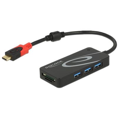 Delock 62900 62900 USB-hub 3 poorten USB-A, SD, Micro-SD USB 3.1 Gen1 5 GBit/s Met USB-C stekker Zwart
