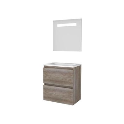 Basic-Line Economic 39 Badkamermeubelset - Ondiep - 60 x 39 cm - Greeploos - 2 Lades - Acryl Wastafel - 1 Kraangat - Spiegel met LED Verlichting - Scotch Oak