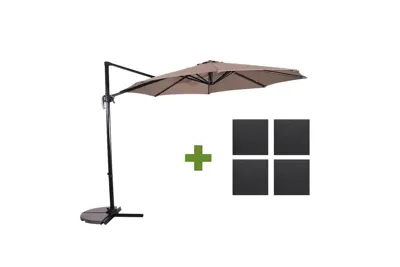 Grote Zweefparasol Libra Taupe 2,5x2,5m met steen-beton tegels parasolvoet Grote Zweefparasol Libra Taupe 2,5x2,5m met steen-beton tegels parasolvoet