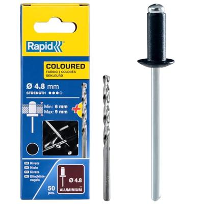 Rapid Blindklinknagels Zwart | Ø4,8 x 12 mm | Incl. Boor | 50 Stuks - 5001471 Rapid Blindklinknagels Zwart | Ø4,8 x 12 mm | Incl. Boor | 50 Stuks - 5001471