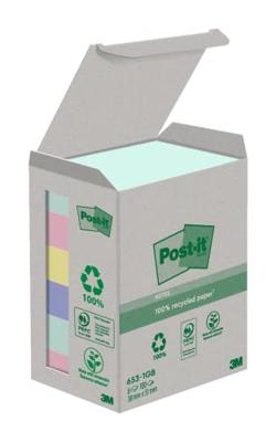 Post-it recycled notes Nature, 100 vel, ft 38 x 51 mm, pak van 6 blokken, geassorteerde kleuren