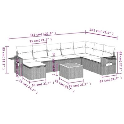9-delige Loungeset met kussens poly rattan zwart