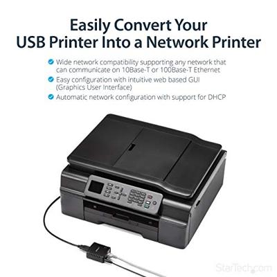 StarTech.com 10/100 Mbit/s Ethernet naar USB 2.0 netwerk printserver - Windows 10 - LPR - LAN USB printserver adapter (PM1115U2)