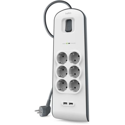 Belkin Spanningsbeveiliger met 6 stopcontacten en 2 USB-poorten stekkerdoos Belkin Spanningsbeveiliger met 6 stopcontacten en 2 USB-poorten stekkerdoos