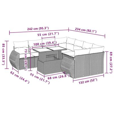 9-delige Loungeset met kussens poly rattan lichtgrijs