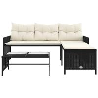 Tuinbank met tafel en kussens L-vormig poly rattan zwart - thumbnail