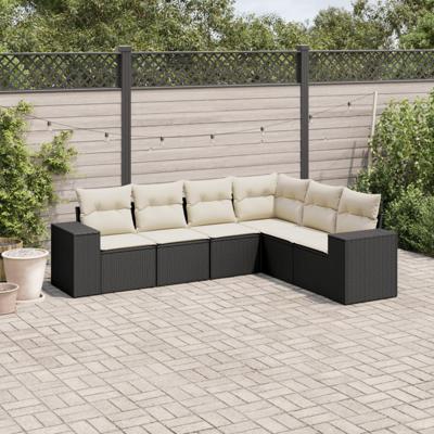 7-delige Loungeset met kussens poly rattan zwart