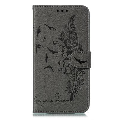 Feather patroon Litchi textuur horizontale Flip lederen draagtas met portemonnee & houder & kaartsleuven voor Motorola One Pro (grijs)