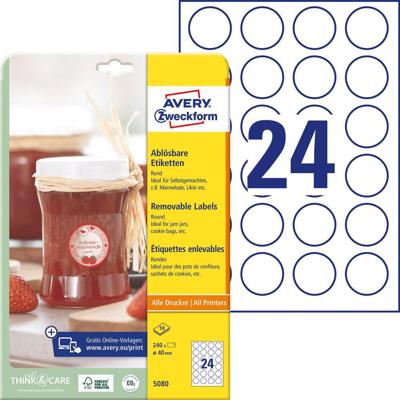 Avery Zweckform ronde etiketten, diameter 40 mm, wit, afneembaar, 240 etiketten, 10 vellen