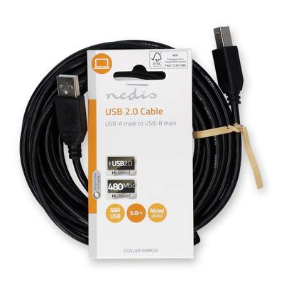 USB-Kabel | USB 2.0 | USB-A Male | USB-B Male | 10 W | 480 Mbps | Vernikkeld | 5.00 m | Rond | PVC | Zwart