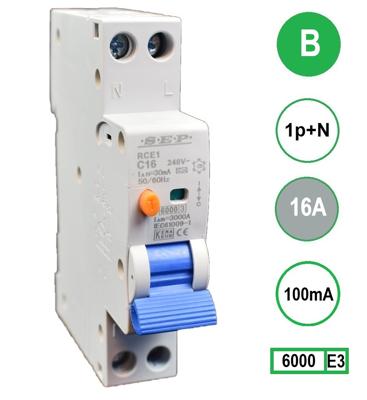 Aardlekautomaat 16A B Kar 100mA 2 polig 18mm breed Kema Keur 230V automaat en aardlek in een module