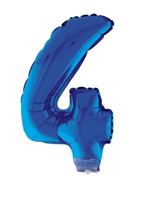 Folieballon Klein Cijfer &apos;4&apos; Blauw Met Stokje (41cm)
