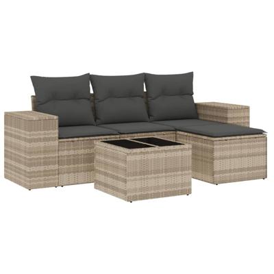 5-delige Loungeset met kussens poly rattan lichtgrijs