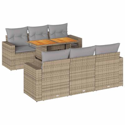 7-delige Loungeset met kussens poly rattan beige