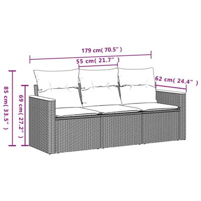 3-delige Loungeset met kussens poly rattan zwart - thumbnail