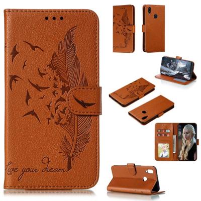 Voor Galaxy A10s Feather patroon Litchi textuur horizontale Flip lederen draagtas met houder & portemonnee & kaartsleuven (bruin)