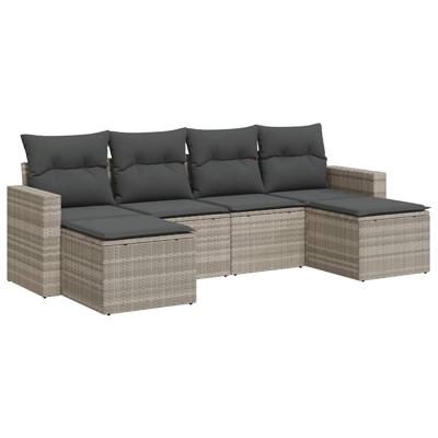 6-delige Loungeset met kussens poly rattan lichtgrijs