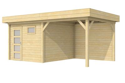 Woodvision Tapuit blokhut 300x300 cm + overkapping 400 cm vuren blank- Plat dak- Onbehandeld vurenhout- Woodvision