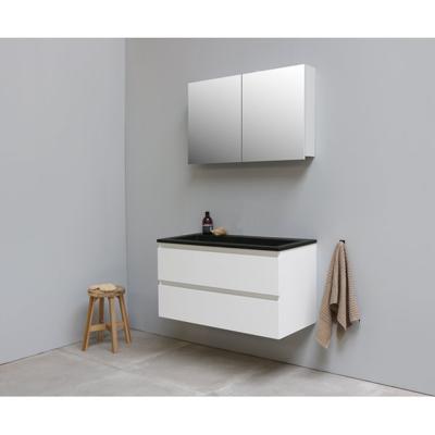 On-Line Badkamermeubelset - 100 cm - Voorgemonteerd - Ladestructuur - Acryl Wastafel - zonder Kraangat - Spiegelkast - Hoogglans Wit