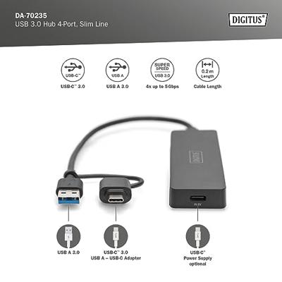 Digitus DA-70235 USB 3.0-hub Met USB-C stekker Zwart Digitus DA-70235 USB 3.0-hub Met USB-C stekker Zwart