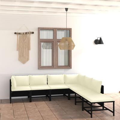 7-delige Loungeset met kussens poly rattan zwart