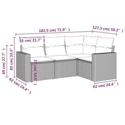 4-delige Loungeset met kussens poly rattan zwart